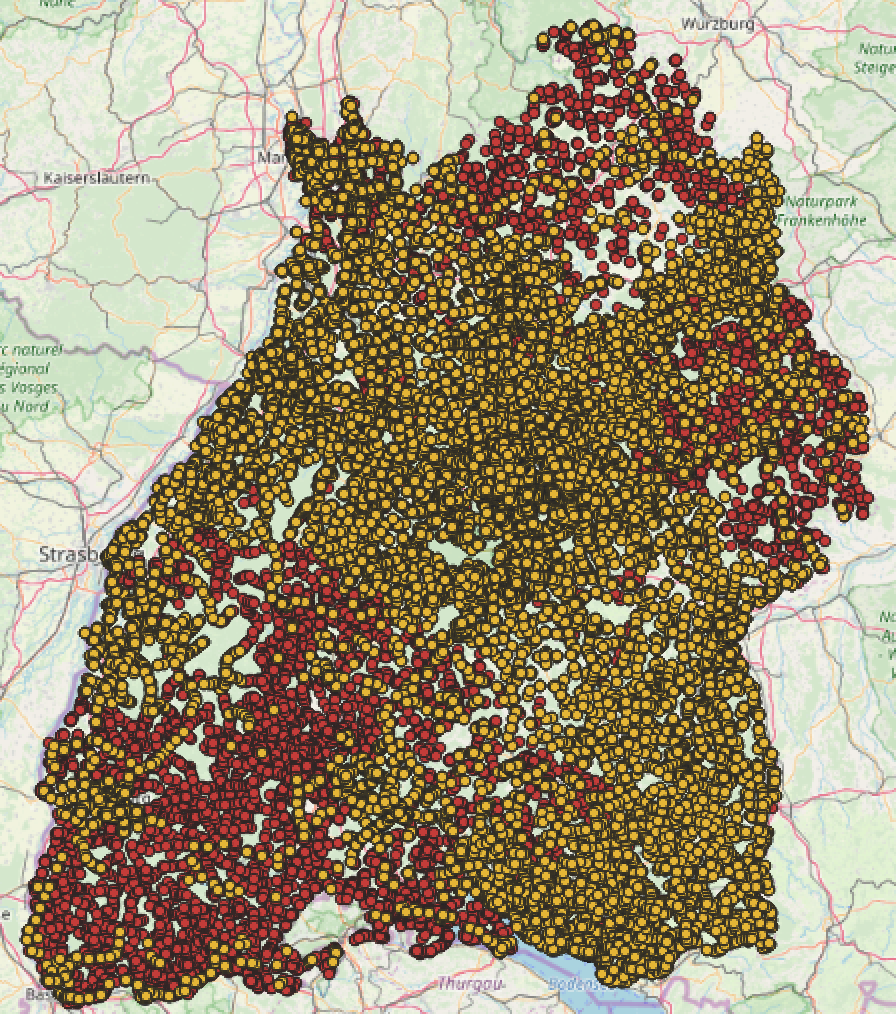Karte der Halte in Baden-Württemberg mit und ohne Steiginformation